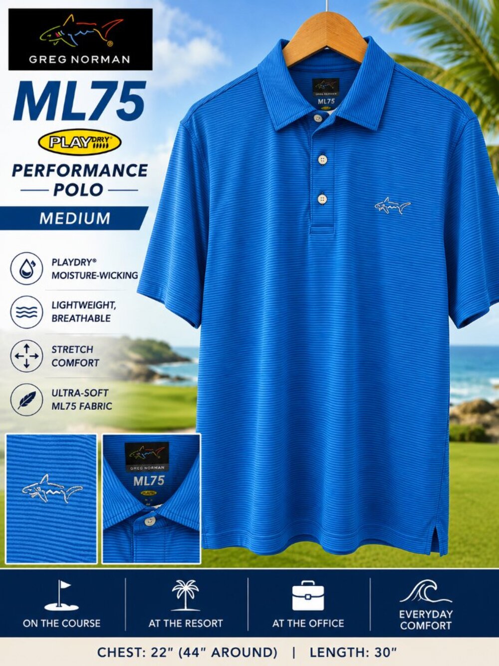 Greg Norman ML75 PlayDry Performance Golf Polo Coastal Blue Micro Stripe Size M